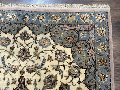 Persian Isfahan Rug 3x5, Fine 310 KPSI, Kork Wool Silk Foundation, Cream & Light Green