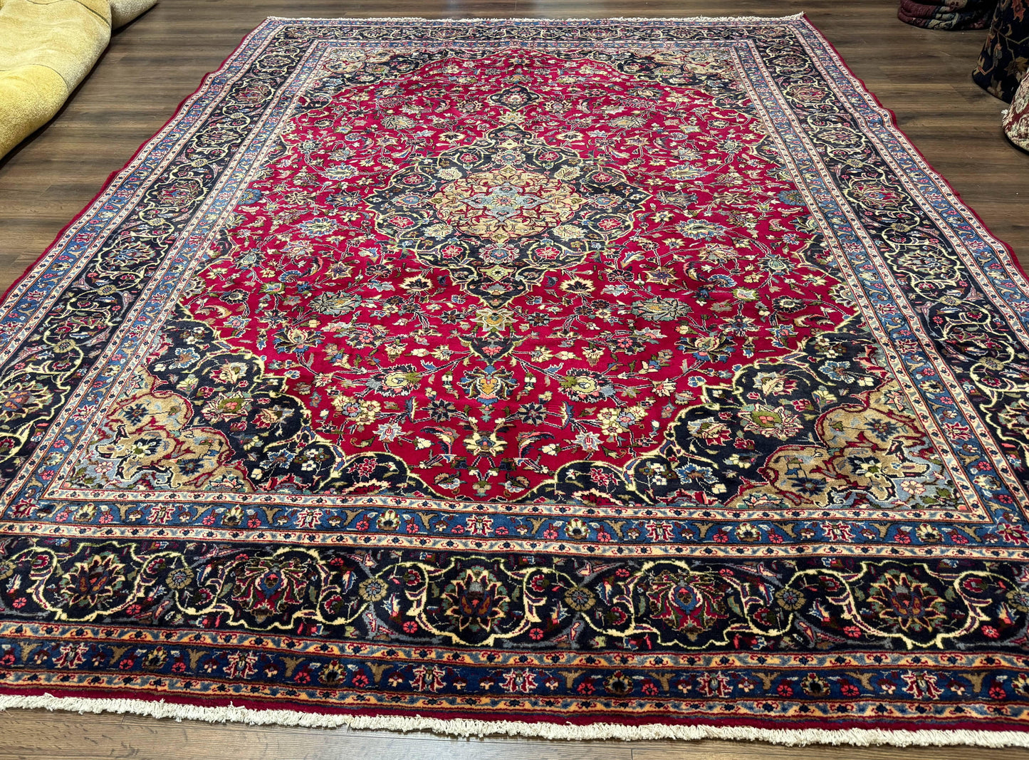 Traditional Persian Rug 8x11, Red Navy Blue, Floral Medallion, Antique Persian Mashad Carpet, Wool