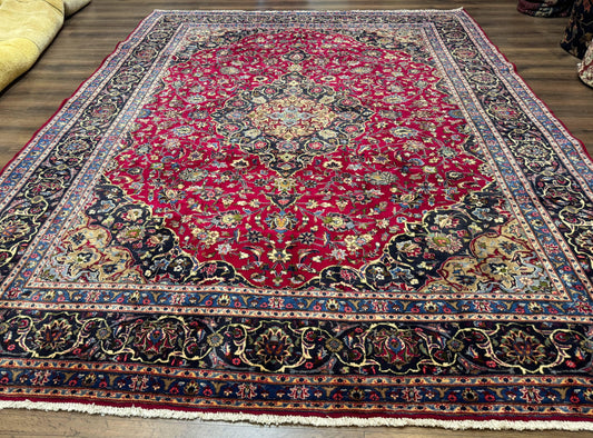 Traditional Persian Rug 8x11, Red Navy Blue, Floral Medallion, Antique Persian Mashad Carpet, Wool