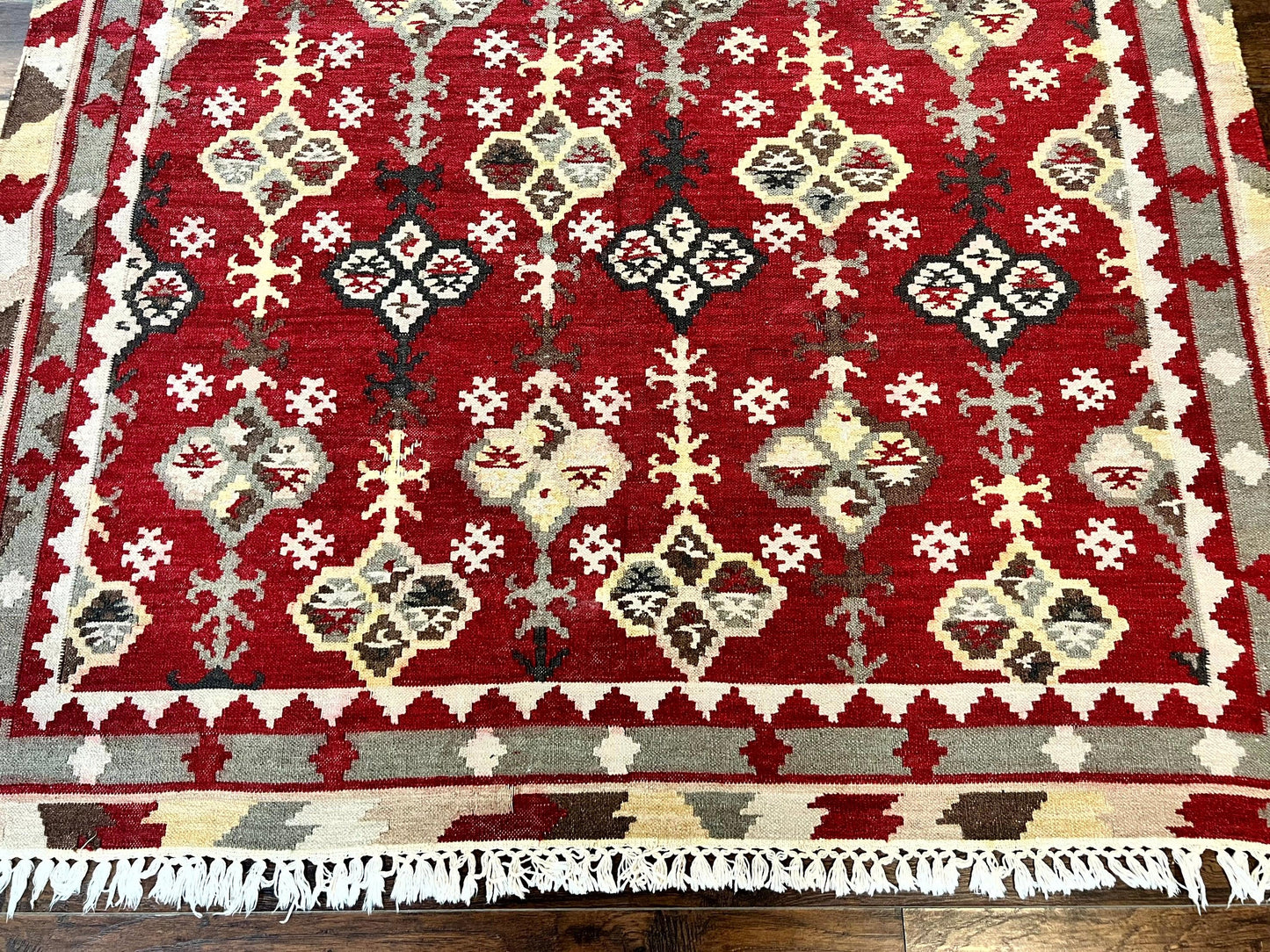 Indian Kilim Rug 6x6, Square Kilim Flatweave Carpet, Vintage Handmade Wool Rug, Red
