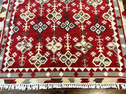 Indian Kilim Rug 6x6, Square Kilim Flatweave Carpet, Vintage Handmade Wool Rug, Red