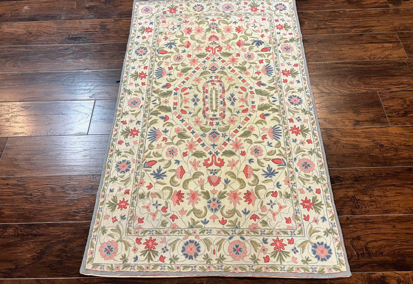 Hand Stitched Indian Rug 4x5, Floral, Vintage Hand Embroidered Rug