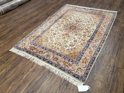 Vintage Persian Isfahan Lachak Toranj Rug, Highly Detailed, Kork Wool on Silk Foundation, Beige and Dark Blue, Hand-Knotted, 3'6" x 5' 4"