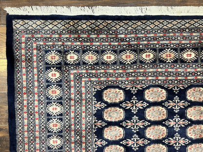 Pakistani Bokhara Rug 8x10, Turkoman Carpet, Dark Blue and Beige, Vintage Handmade Wool Carpet