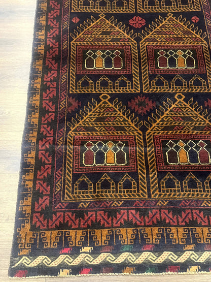 Afghan Rug 3x7, Navy Blue, Tribal Rug, Balouch Carpet, New