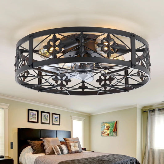 Caged Ceiling Fan 20 Inch Matte Black Remote Control