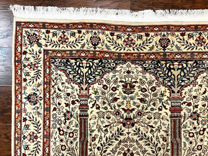Pak Perisan Prayer Rug 4x6, Tree of LIfe Carpet, Handmade Vintage Wool Rug, Beige, Floral Vases