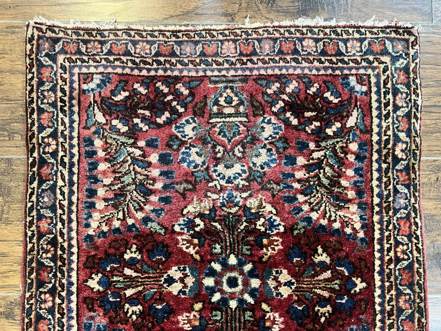 Antique Persian Sarouk Rug 2 x 2.5, Small Sarouk Carpet, Red Floral 1920s Red, Fine 170 KPSI, Wool Handmade Rug