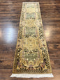 Tibetan Runner Rug 2.6 x 10, French Aubusson Pattern, Gold Olive Green, Vintage Handmade European Design, Wool Hallway Rug