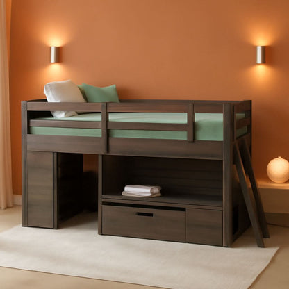 Twin Size Solid Wood Loft Bed With Storage Drawer And Ladder Barnwood Brown