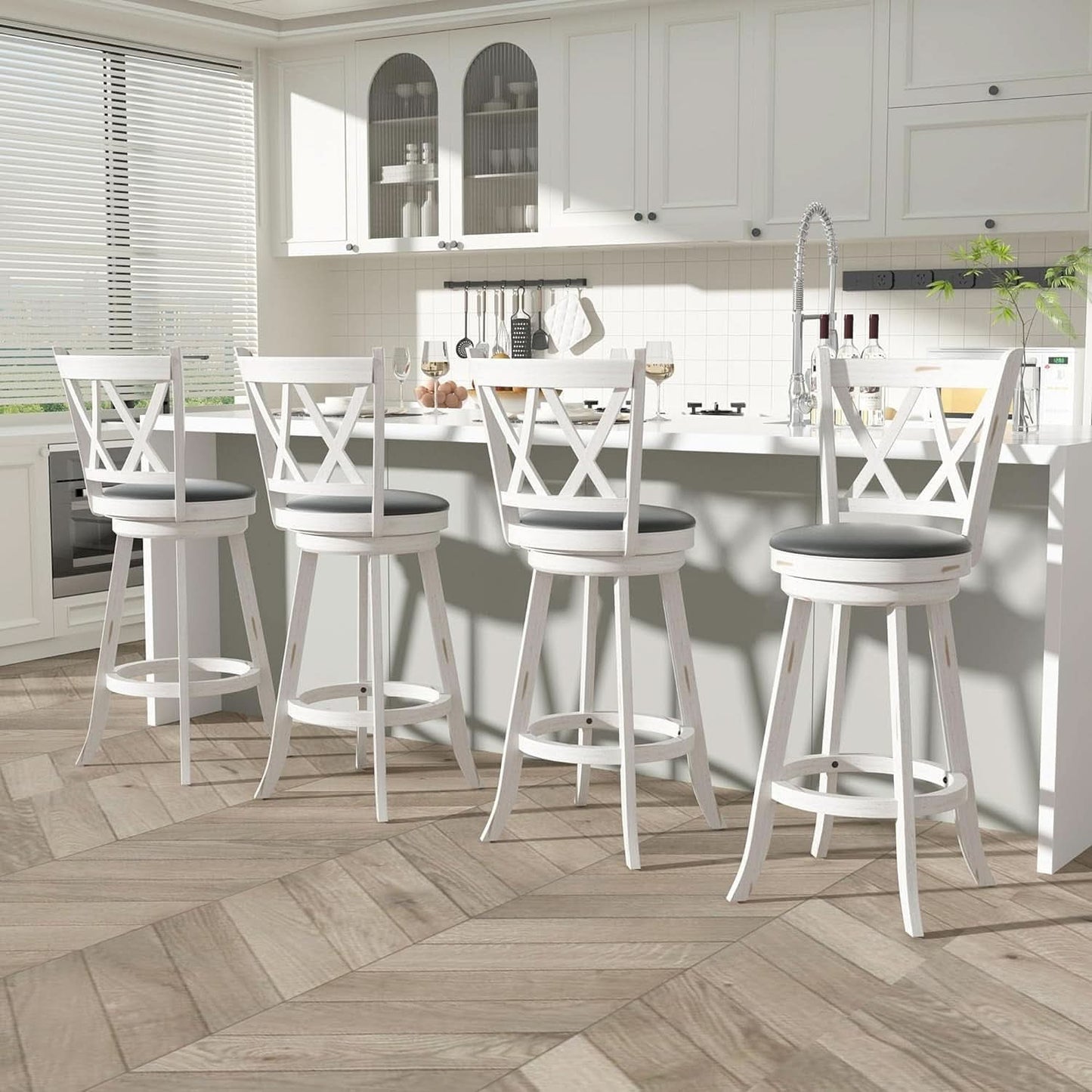 29 Inch Bar Height Swivel Stool Antique White Set Of 2 With Upholstered Seat And Comfortable Padding