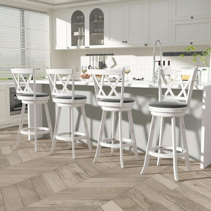 29 Inch Bar Height Swivel Stool Antique White Set Of 2 With Upholstered Seat And Comfortable Padding