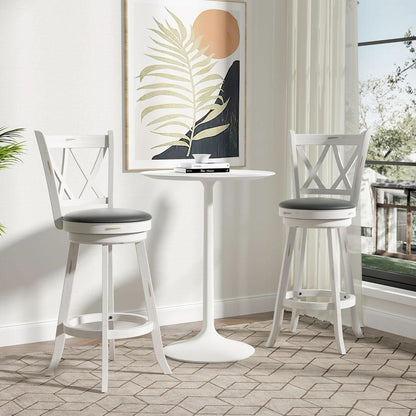 29 Inch Bar Height Swivel Stool Antique White Set Of 2 With Upholstered Seat And Comfortable Padding