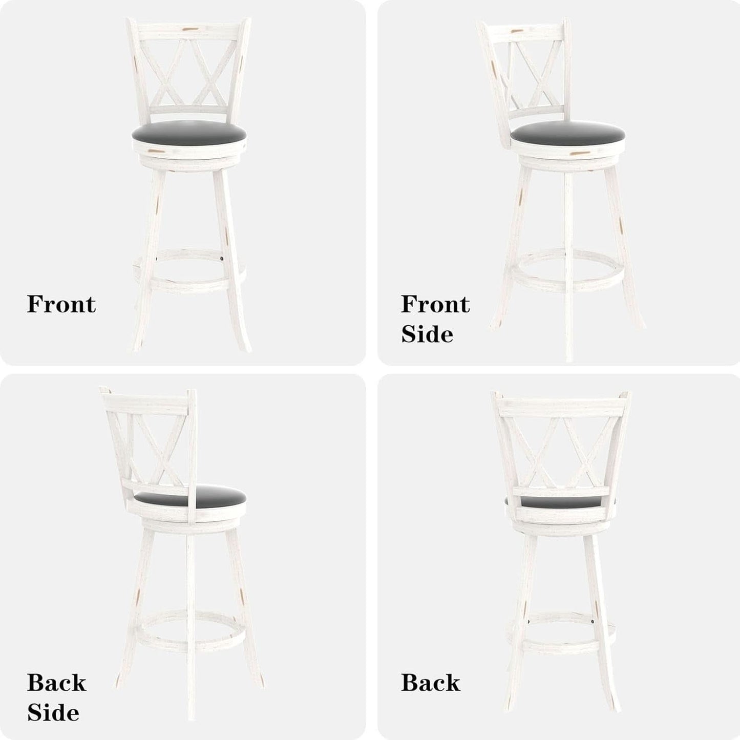 29 Inch Bar Height Swivel Stool Antique White Set Of 2 With Upholstered Seat And Comfortable Padding