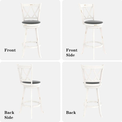 29 Inch Bar Height Swivel Stool Antique White Set Of 2 With Upholstered Seat And Comfortable Padding