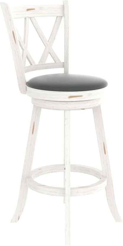 29 Inch Bar Height Swivel Stool Antique White Set Of 2 With Upholstered Seat And Comfortable Padding
