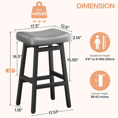 29 Inch Bar Stools Set of 2 All Black Bonded Leather Saddle Seats With Heavy Duty Metal Legs