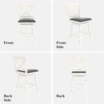 29 Inch Swivel Bar Stool With Grey Faux Leather Upholstery Antique White Wood Frame And Solid Wood Footrest Set Of 2