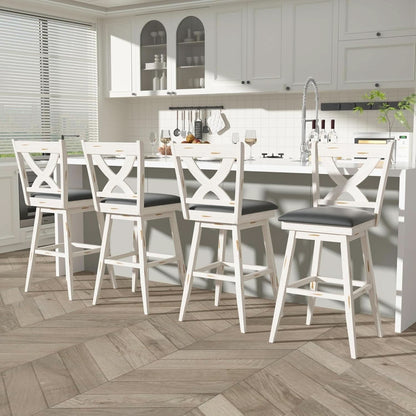 29 Inch Swivel Bar Stool With Grey Faux Leather Upholstery Antique White Wood Frame And Solid Wood Footrest Set Of 2