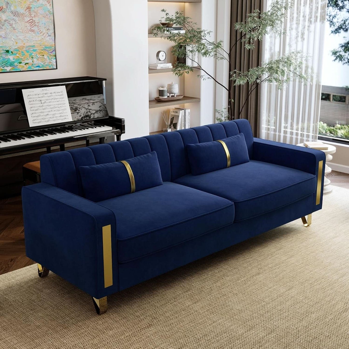 2 Piece Velvet Loveseat Sofa Set For Living Room 86 Inch Blue With Gold Metal Legs And 4 Pillows