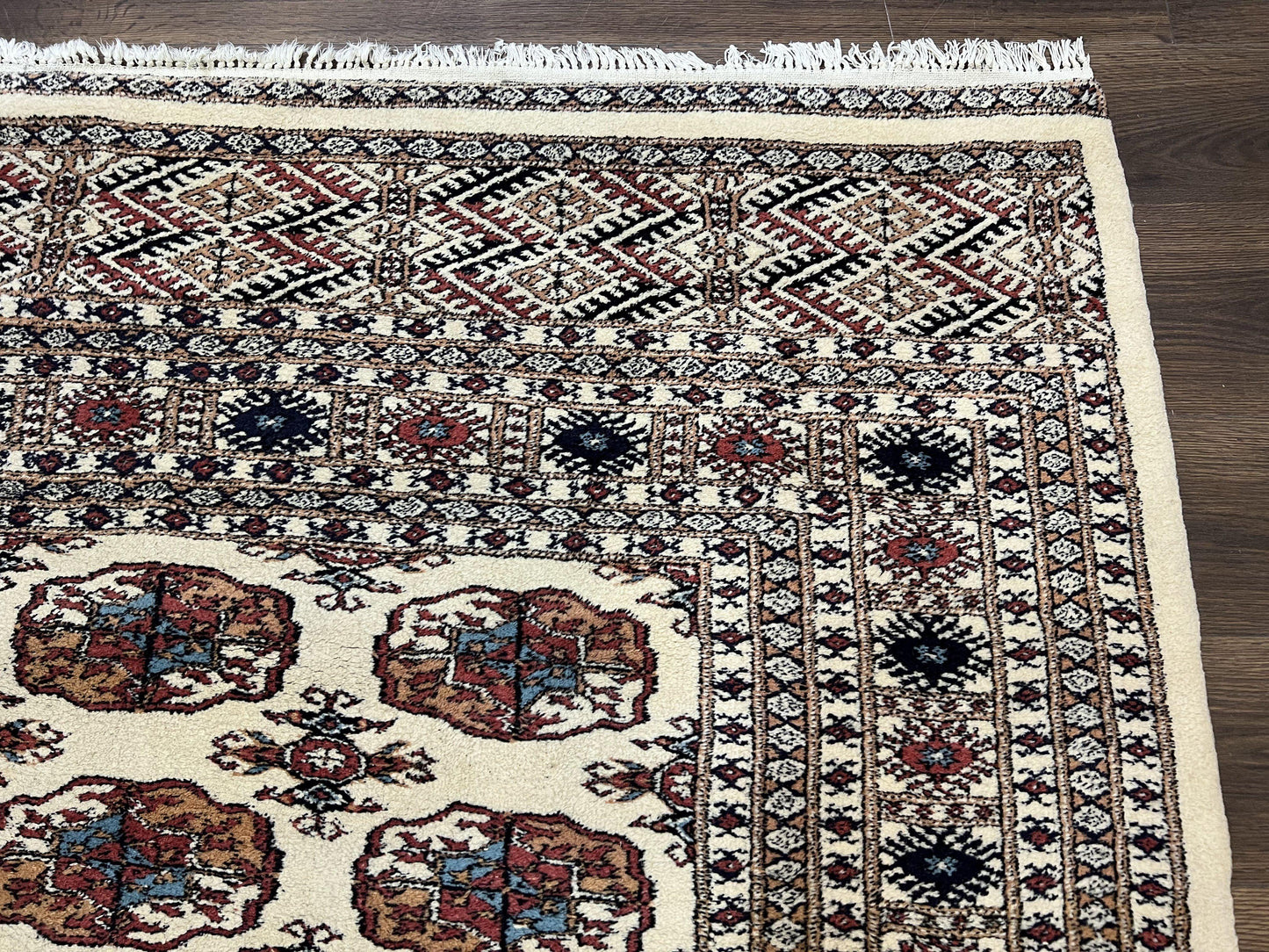 Pakistani Bokhara Rug 8x10, Traditional Turkoman Tribal Carpet, Allover Repeated Elephant Foot Motif, Ivory/Cream Black Red, Vintage Handmade