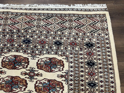 Pakistani Bokhara Rug 8x10, Traditional Turkoman Tribal Carpet, Allover Repeated Elephant Foot Motif, Ivory/Cream Black Red, Vintage Handmade