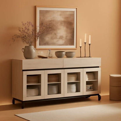 Oak Sideboard Buffet With Glass Doors Light Finish