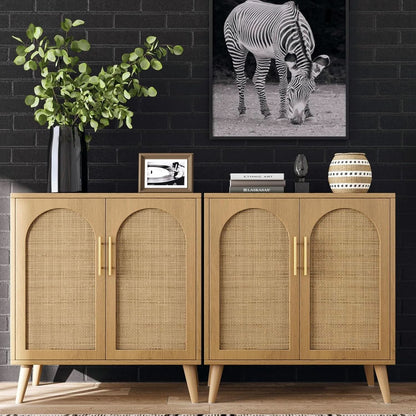 Natural Rattan Storage Sideboard Cabinet With Adjustable Shelves