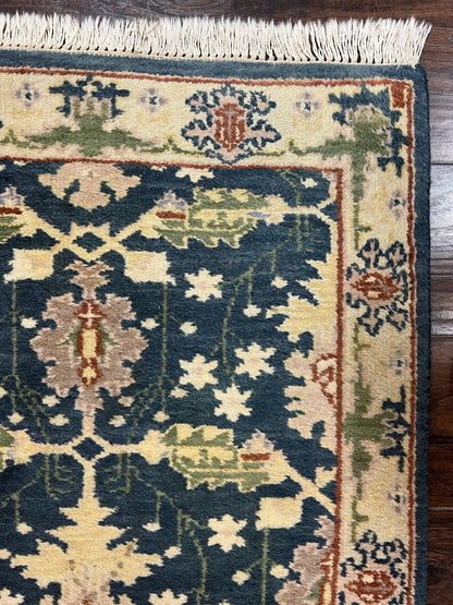 Indian Runner Rug 2.6 x 12, Navy Blue Beige Oriental Runner Rug 12ft Long, Narrow Hallway Runner, Wool Hand Knotted Indo Persian Mahal Rug