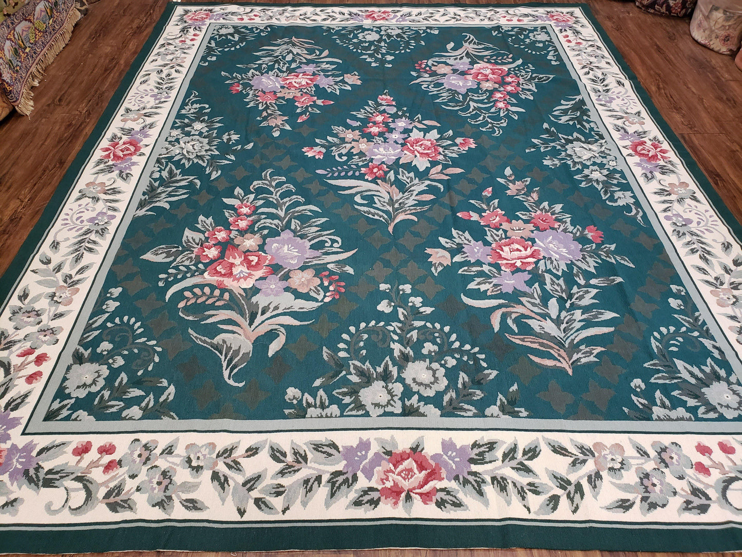 Chinese Needlepoint Rug 8x10, Vintage Green Area Rug, Hand-Woven Flatweave Floral European Design Carpet Wool Handmade 8x 10 Living Room Rug