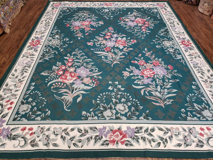 Chinese Needlepoint Rug 8x10, Vintage Green Area Rug, Hand-Woven Flatweave Floral European Design Carpet Wool Handmade 8x 10 Living Room Rug