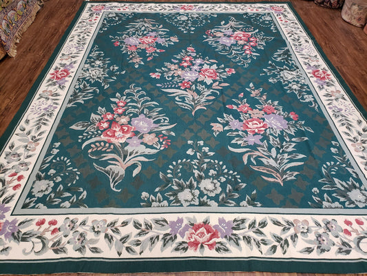 Chinese Needlepoint Rug 8x10, Vintage Green Area Rug, Hand-Woven Flatweave Floral European Design Carpet Wool Handmade 8x 10 Living Room Rug