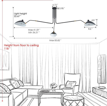 Matt Black Three Arm Adjustable Pendant Light Chandelier