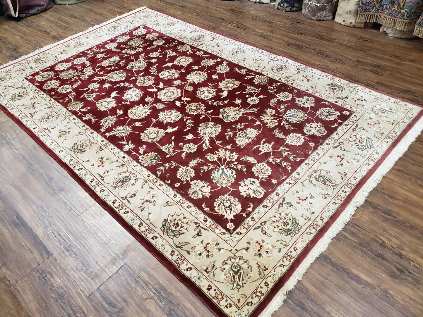 Vintage Traditional Oriental Area Rug, Hand-Knotted, Wool & Silk Accents, Maroon Red and Beige, 6x9 Carpet, 5' 9" x 9'