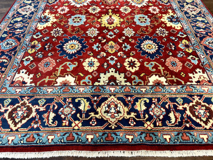 Indo Heriz Rug 8x10, Red and Navy Blue, Allover Pattern, Wool Handmade Carpet