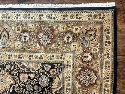 Indo Persian Rug 9x12, Floral Allover, Midnight Blue, Handmade Vintage Wool Oriental Carpet