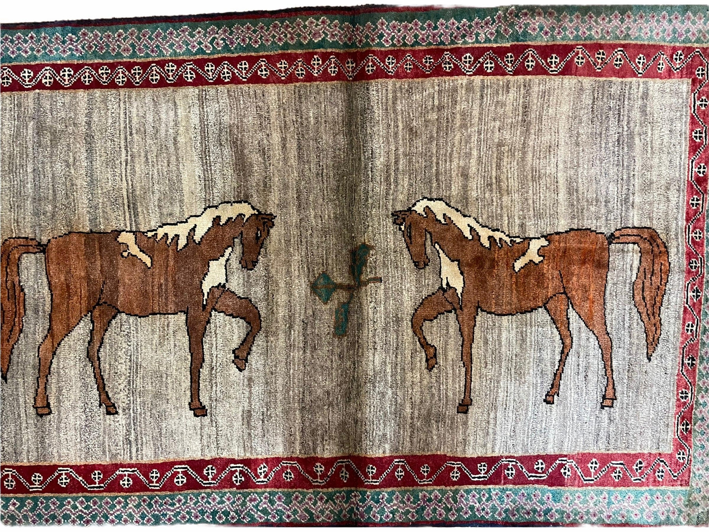 4 X 6 Handmade Rug Zagros New Vintage Quality Wool Rug Horses Silver Brown Nice