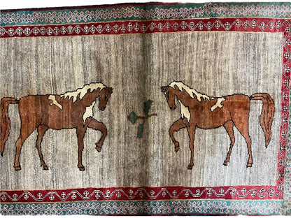 4 X 6 Handmade Rug Zagros New Vintage Quality Wool Rug Horses Silver Brown Nice