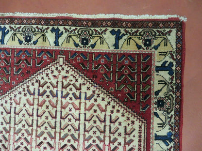 3' X 5' Vintage Handmade India Geometric Oriental Wool Rug Nice Birds Ivory Red