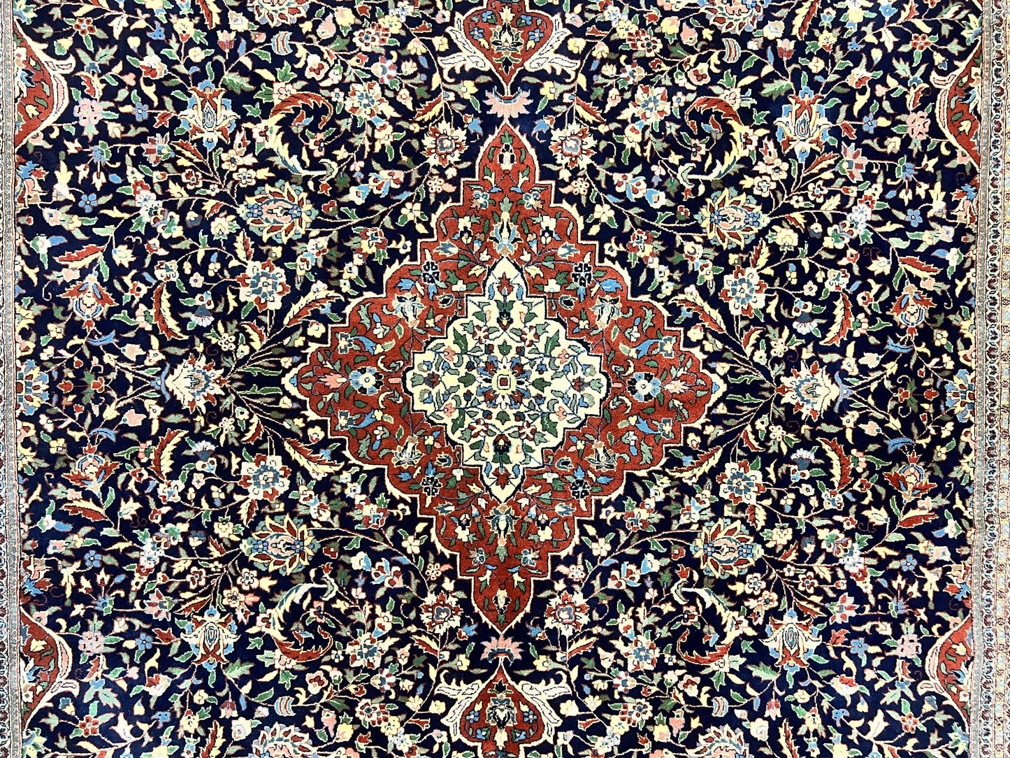 Indo Persian Rug 8x10, Floral Medallion, Vintage Handmade Wool Carpet, Navy Blue and Red, Fine 300 KPSI
