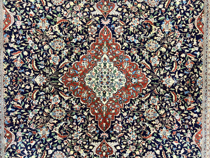 Indo Persian Rug 8x10, Floral Medallion, Vintage Handmade Wool Carpet, Navy Blue and Red, Fine 300 KPSI