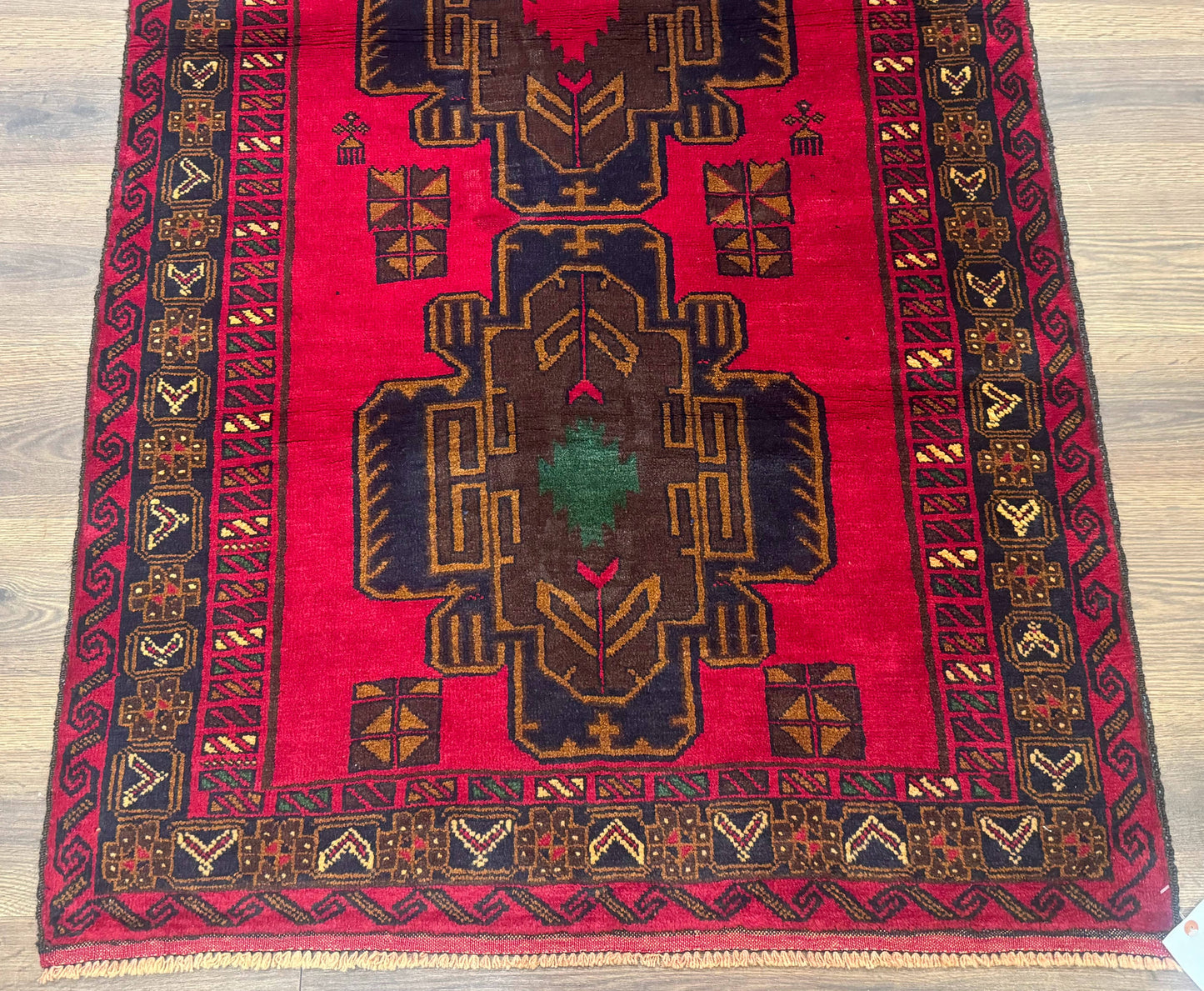 Red Afghan Balouch Rug 4x7, Triple Medallions, Handmade, New