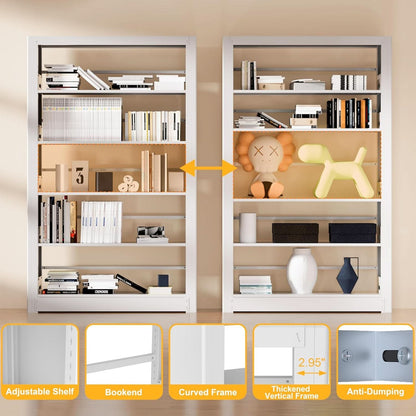 5-Tier White Metal Bookshelf With Adjustable Shelves