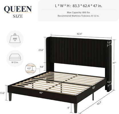 Queen Size Velvet Bed Frame With Wingback Headboard Storage
