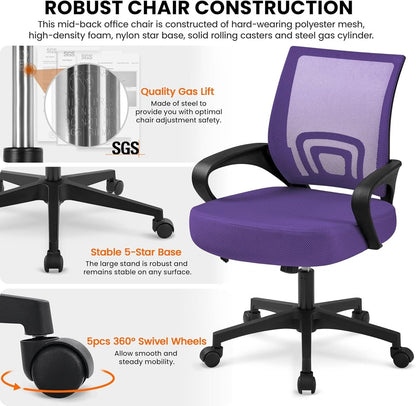 2Pcs Ergonomic Purple Mesh Desk Chairs With Lumbar Support For Long Workdays And Back Pain Relief
