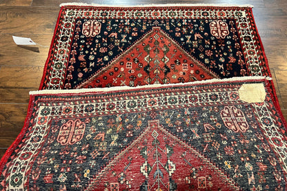 Persian Tribal Rug 3.6 x 5 ft, Persian Abadeh Rug, Geometric Medallion Bird Motifs, Red and Navy Blue Hand Knotted Handmade Wool Vintage Oriental Carpet