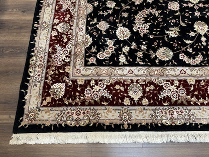 Sino Persian Rug 9x12, High Quality Oriental Carpet, Black and Maroon, Wool and Silk, Allover Floral Pattern, Hand Knotted, Vintage Rug Nice
