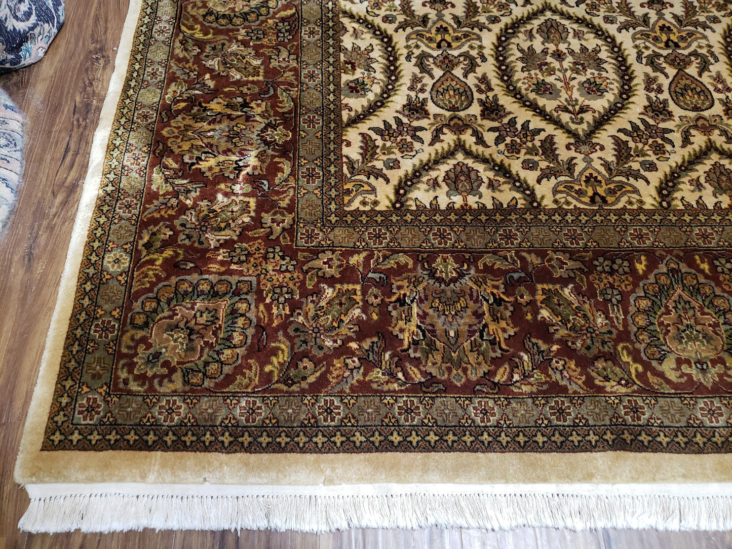 Vintage Indo Persian Area Rug 9x12, Wool Hand-Knotted Ivory & Dark Red Oriental Carpet, Fine Weave 9 x 12 Indian Rug, Dining Room Rug