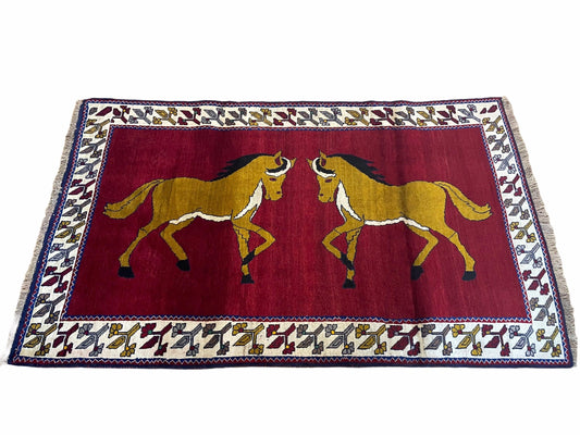 4 X 7 Handmade Hand-Knotted Quality Wool Rug Horses Zagros Red Mustard Gold New