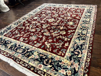 Indo Persian Rug 8x10, Floral Allover with Bird Pictorials, Maroon and Navy Blue, Handmade Wool Area Rug